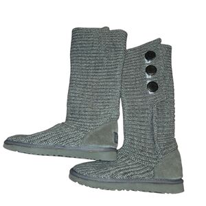 UGG Australia Classic Cardy Gray Tall High Sweater Knit Button Pull-on Boots 7